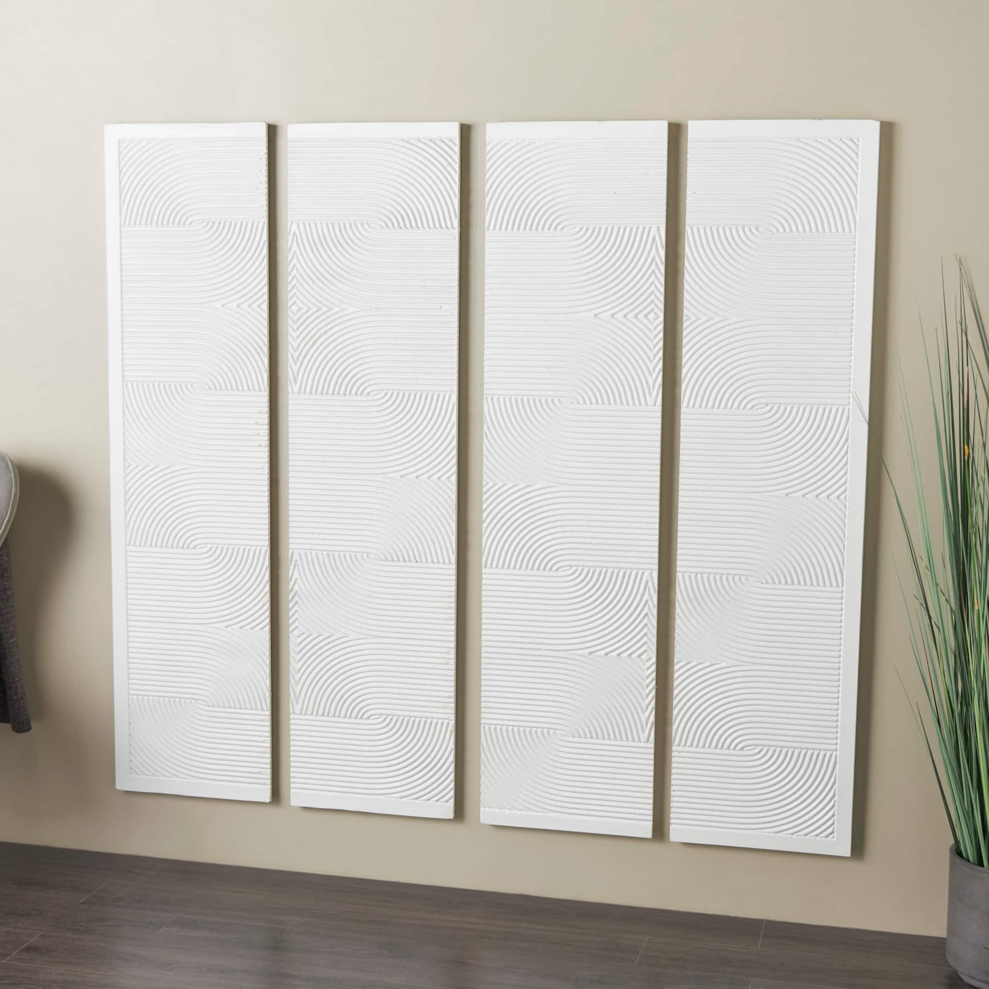 CosmoLiving by Cosmopolitan Wooden White Handmade Carved Panel Geometric Wall Art with Looped Sand Art Design, Set of 4